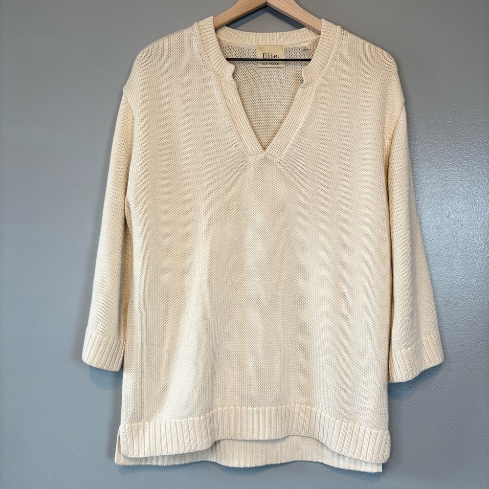 Elie Tahari Large Wool Blend V-Neck Knit Sweater Cream Ivory